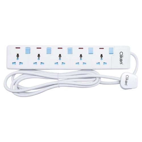 Clikon - 5 Way Extension Socket, 3 Meter Cable Length, White with Blue Switches