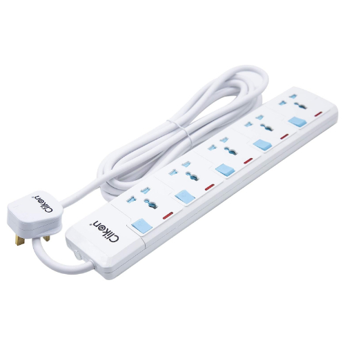 Clikon - 5 Way Extension Socket, 3 Meter Cable Length, White with Blue Switches