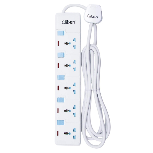 Clikon - 5 Way Extension Socket, 3 Meter Cable Length, White with Blue Switches