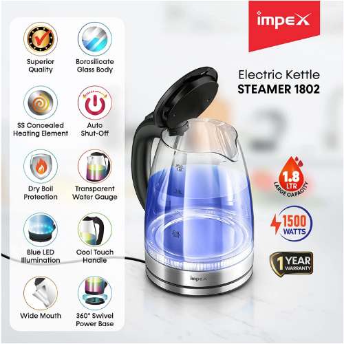 IMPEX STEAMER 1802 , 1.8 LTR ELECTRIC GLASS KETTLE