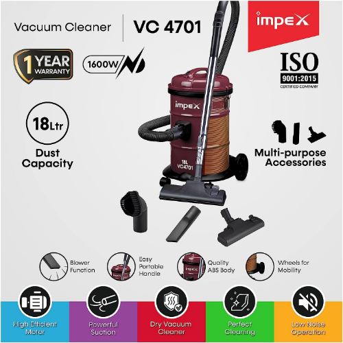 Impex VC 4701 Drum Vacuum Cleaner - 1600W 18 Ltr