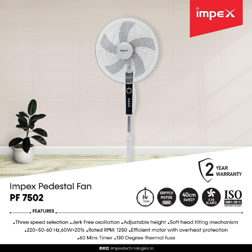 Impex PF 7502 60W 1350RPM 3 Blade High Speed Pedestal Fan with 5 AS Blade