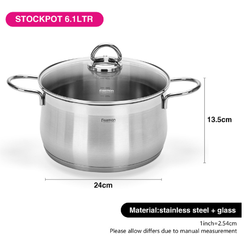 Fissman Stockpot Monica 24x13.5cm/6.1LTR With Glass Lid (Stainless Steel)