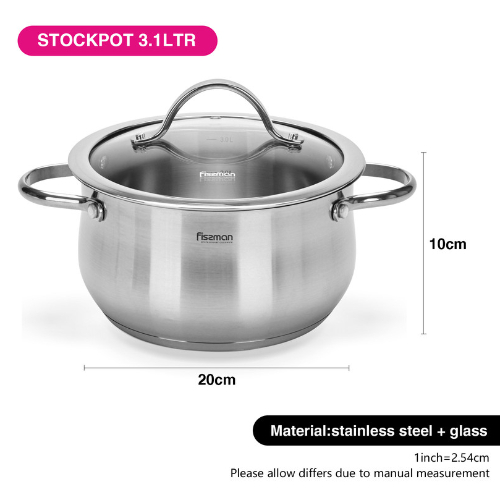 Fissman Stockpot Valery 20x10cm/3.1LTR With Glass Lid (Stainless Steel)