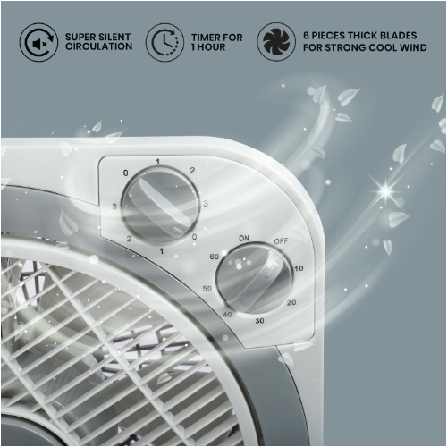 Clikon - 10' Inch Box Fan, Timer & Swing Function, 3 Speed Setting, Grey - CK221