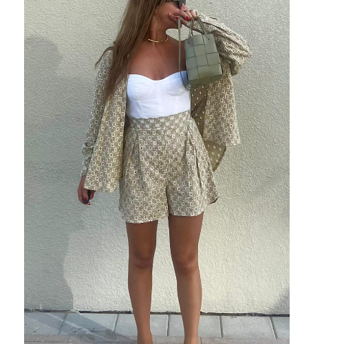 Comfortable light green cotton blouse and short with embroidery