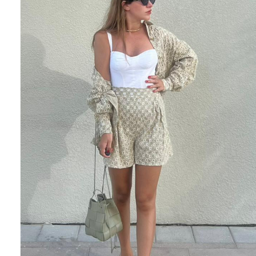 Comfortable light green cotton blouse and short with embroidery