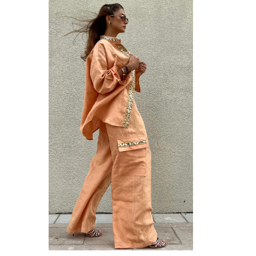 Chic Peach & Occian Linen Blouse and Pants with Sparkling Mirror Trim