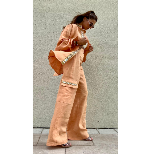 Chic Peach & Occian Linen Blouse and Pants with Sparkling Mirror Trim