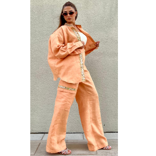Chic Peach & Occian Linen Blouse and Pants with Sparkling Mirror Trim