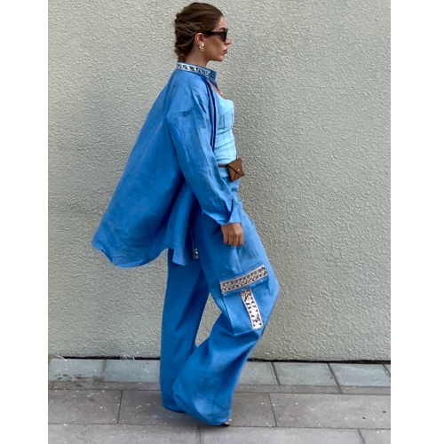 Chic Peach & Occian Linen Blouse and Pants with Sparkling Mirror Trim