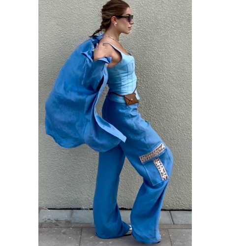 Chic Peach & Occian Linen Blouse and Pants with Sparkling Mirror Trim