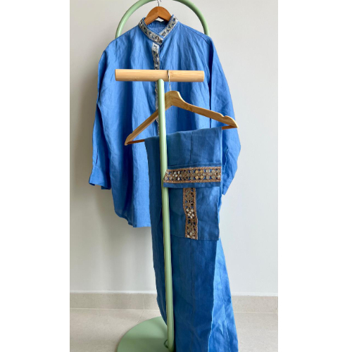 Chic Peach & Occian Linen Blouse and Pants with Sparkling Mirror Trim