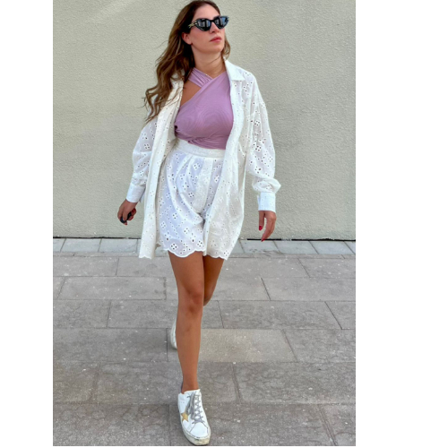 Comfortable light green cotton blouse and short with embroidery