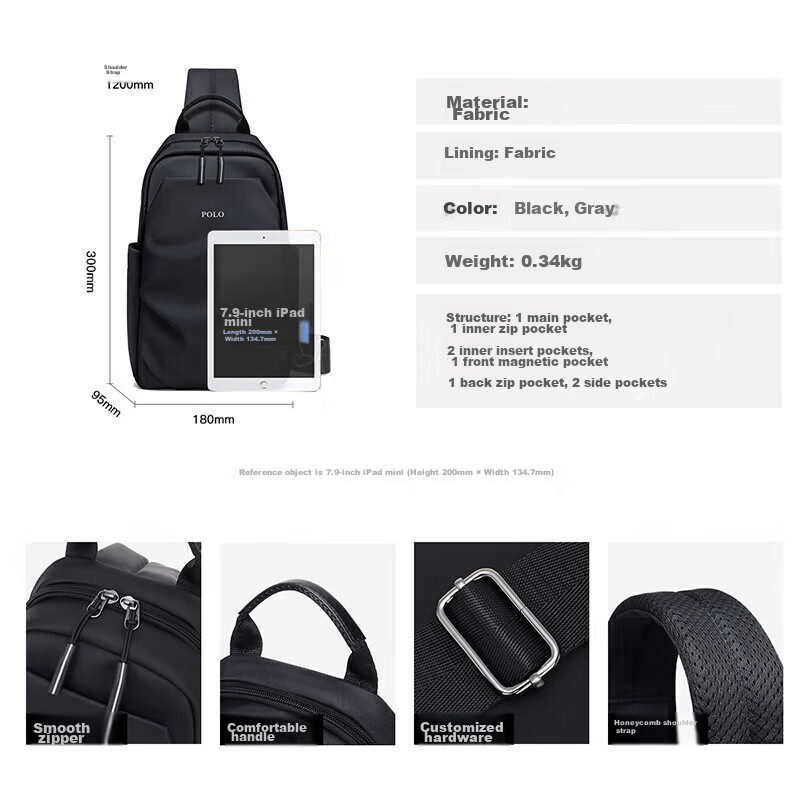 POLO Chest Bag, Men's Casual Shoulder Bag, Durable Waist Pack, Sports Crossbody...