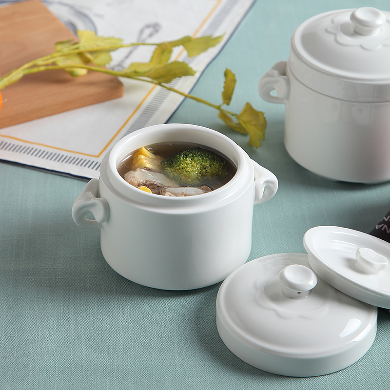 Remec Jinyu Rimei Pure White Double-Lid Double-Ear Ceramic Stew Pot, 1 Piece, 40...