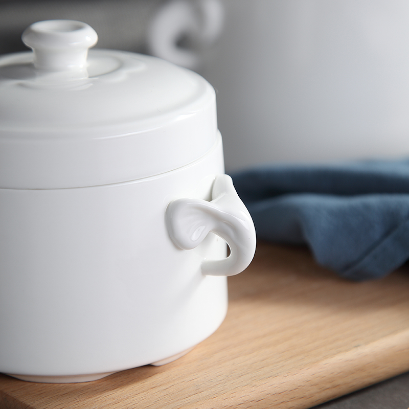 Remec Jinyu Rimei Pure White Double-Lid Double-Ear Ceramic Stew Pot, 1 Piece, 40...