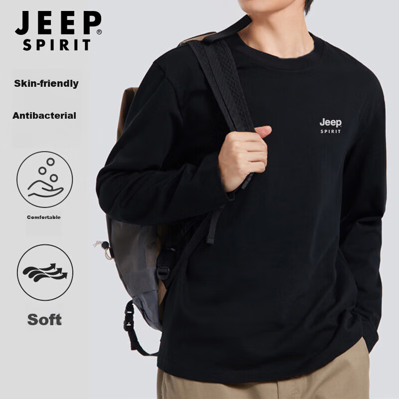JEEP SPIRIT Long-Sleeve T-Shirt for Men, Pure Cotton, Loose-Fitting Pullover Und...