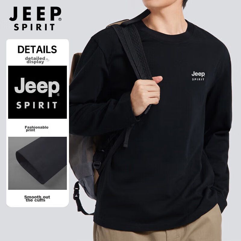JEEP SPIRIT Long-Sleeve T-Shirt for Men, Pure Cotton, Loose-Fitting Pullover Und...