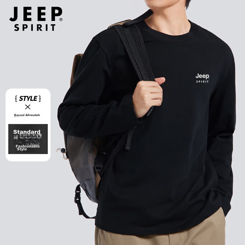 JEEP SPIRIT Long-Sleeve T-Shirt for Men, Pure Cotton, Loose-Fitting Pullover Und...