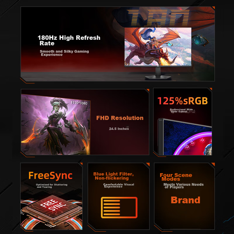 KVL 24.5-Inch 180Hz High Refresh Rate Gaming Monitor, 300nit Brightness, 1ms Res...