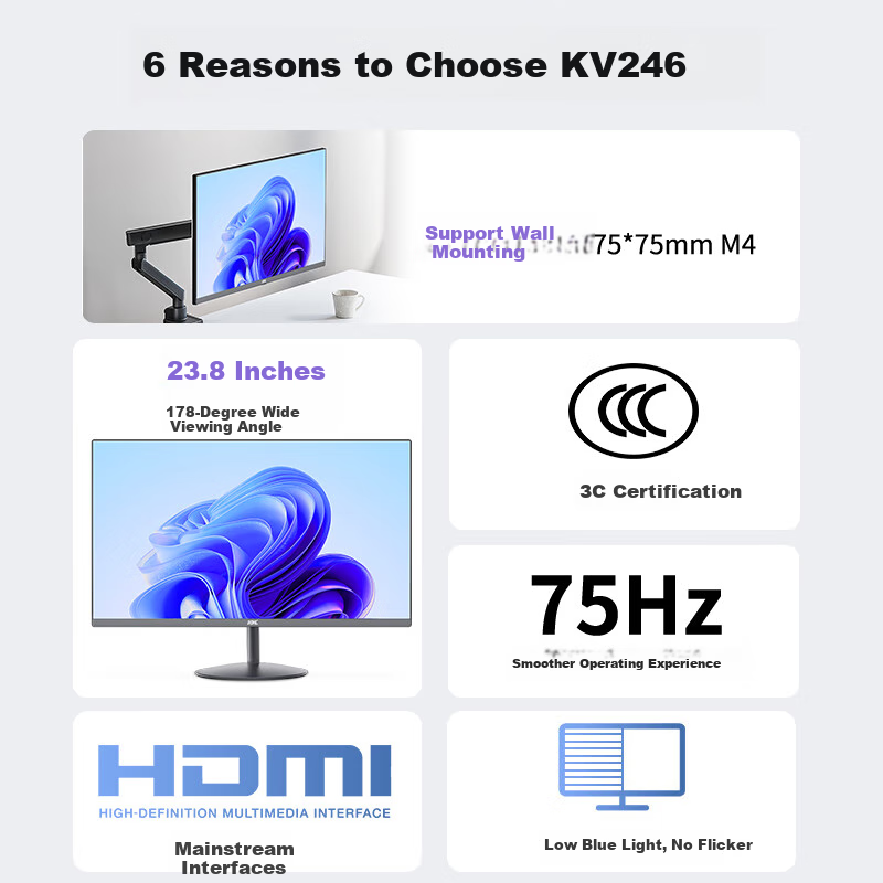 KVL 23.8-inch Computer Monitor 75Hz Desktop Monitor Screen with Thin Bezel Wall...