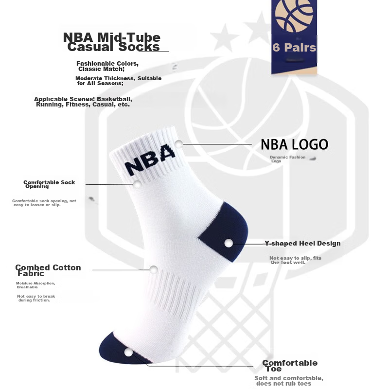 NBA Socks for Men, Autumn Casual Sports Socks, Comfortable Seamless Combed Cotto...