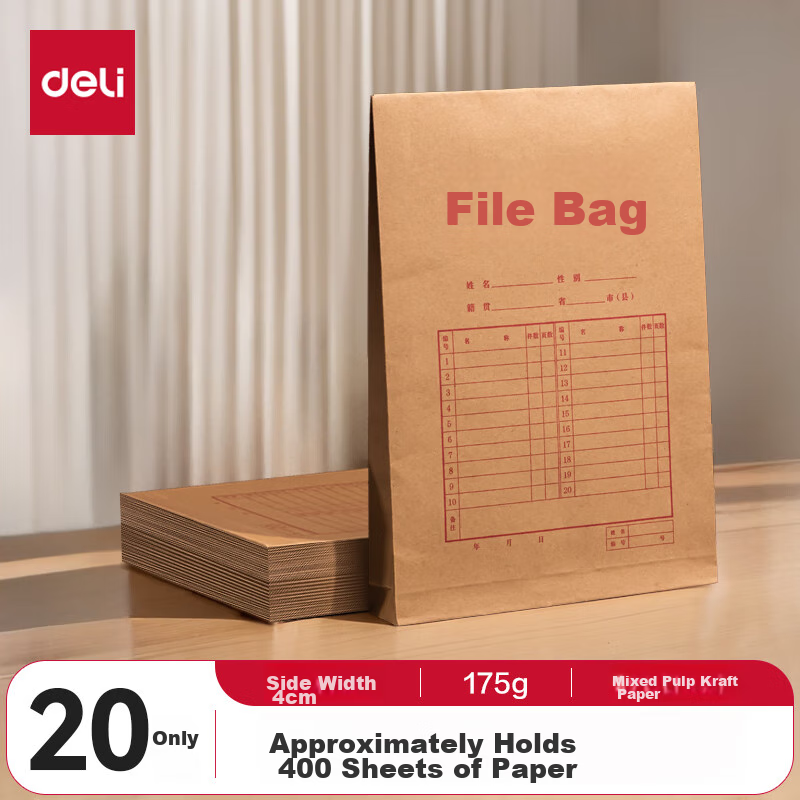 Deli 20 A4 Mixed Pulp 175g Kraft Paper File Folders, 4cm Side Width Document Fol...