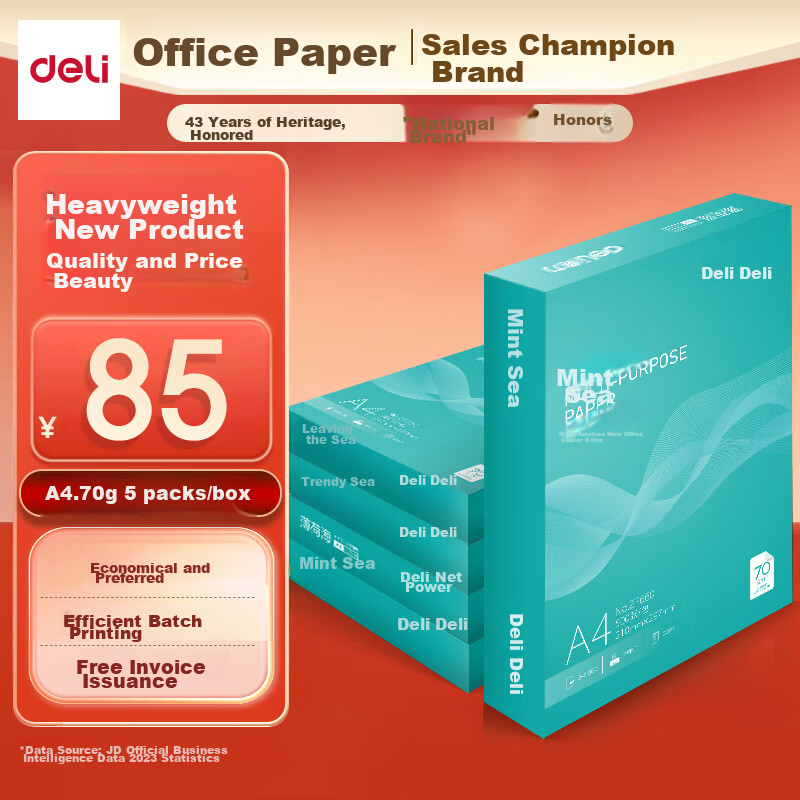 Deli Mint Sea A4 Printing Paper, 70g, 500 Sheets*5 Packs Per Box, Double-Sided C...