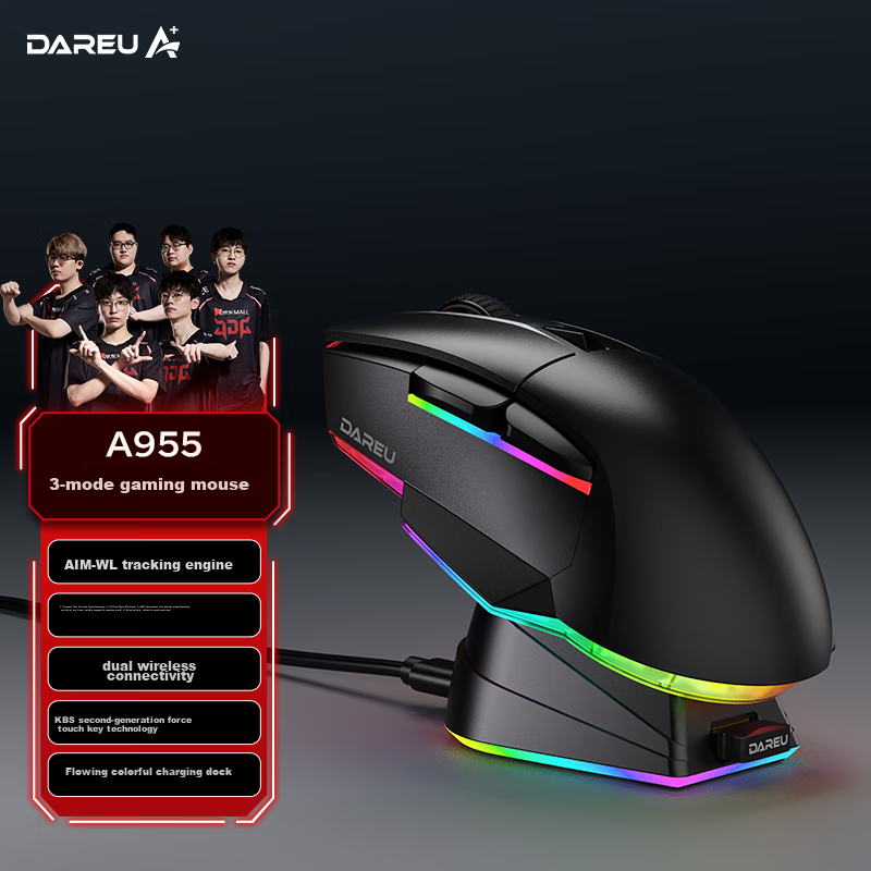 Dareu A955 Black Wireless 2.4G Wired Bluetooth Tri-Mode Gaming Mouse for Medium...