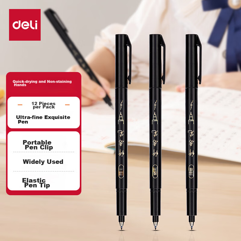 Deli Black Ultra-Fine Brush Pen, Elegant Brush Pen, Calligraphy Practice Pen, So...