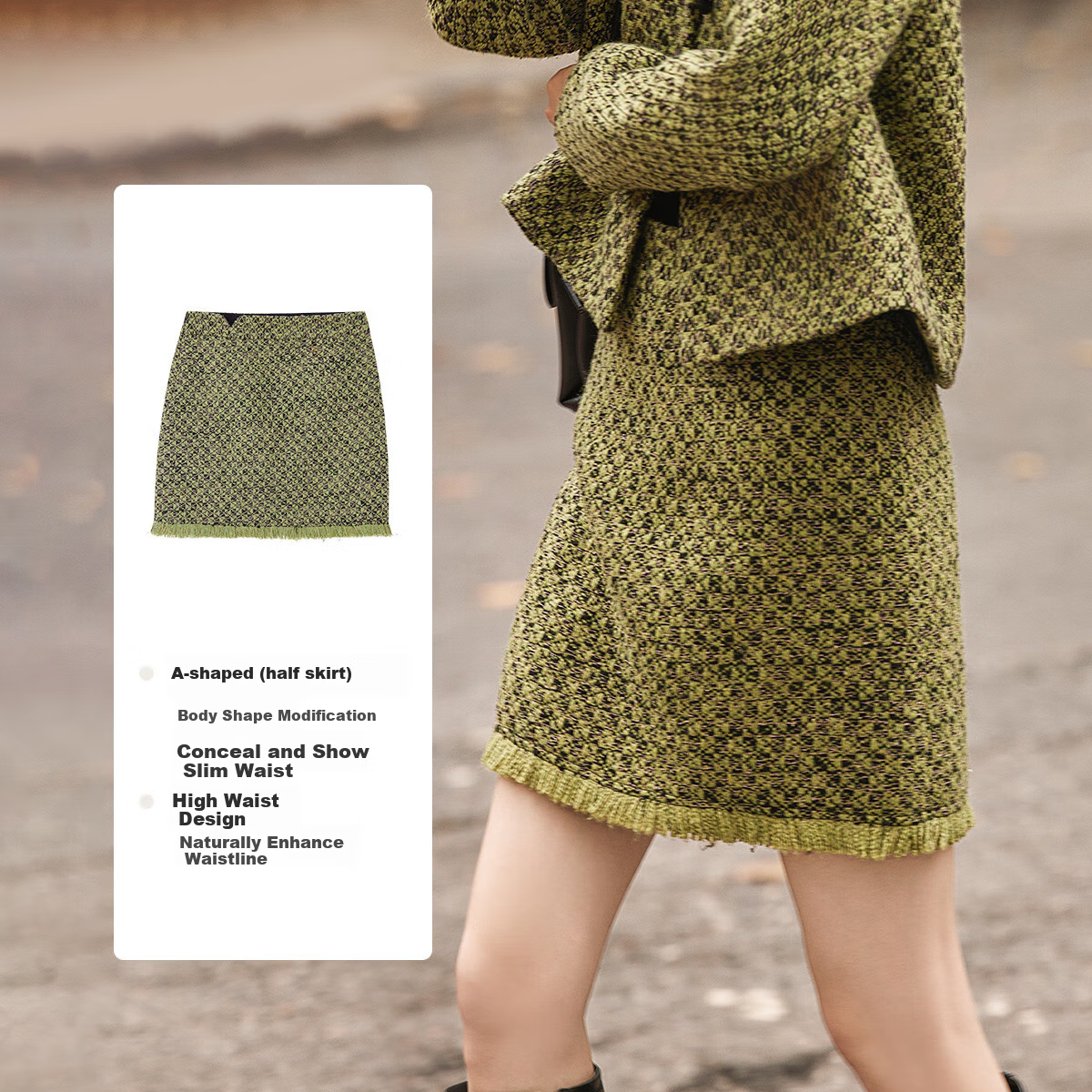 DME Elegant Chanel Style Winter Round Neck Button Long Sleeve Top High Waist Ski...