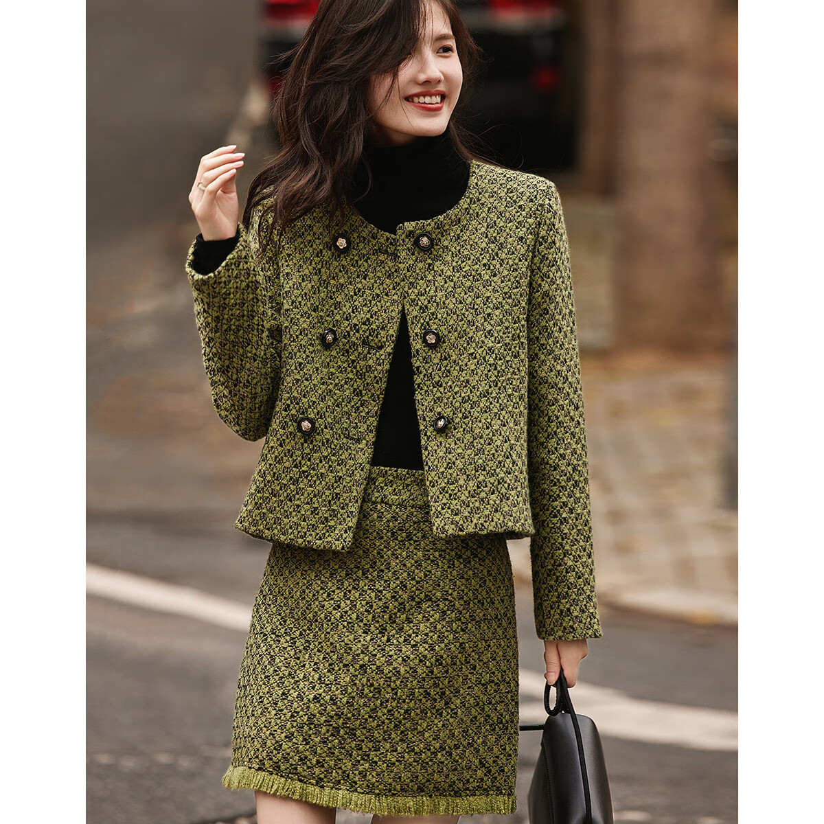 DME Elegant Chanel Style Winter Round Neck Button Long Sleeve Top High Waist Ski...