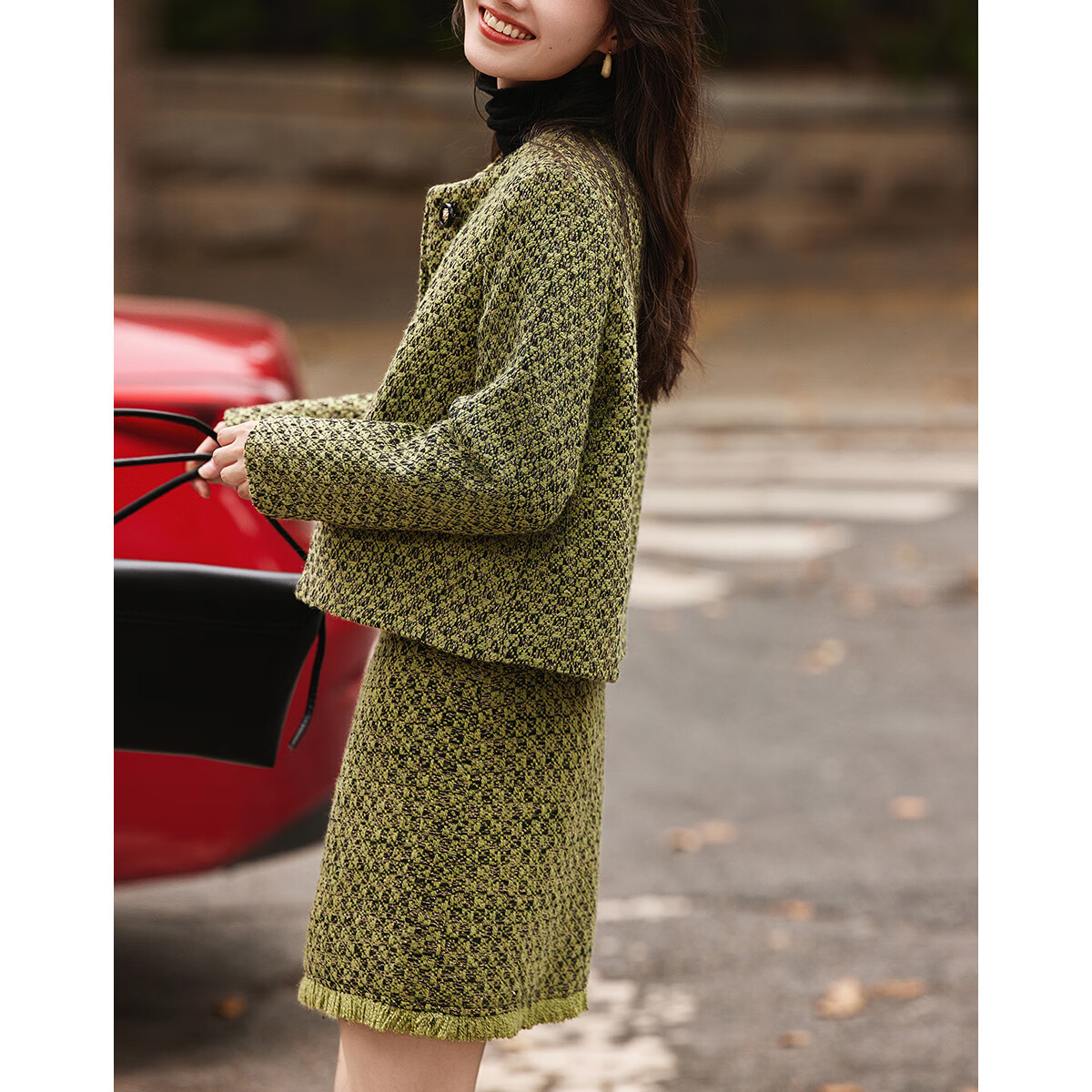 DME Elegant Chanel Style Winter Round Neck Button Long Sleeve Top High Waist Ski...