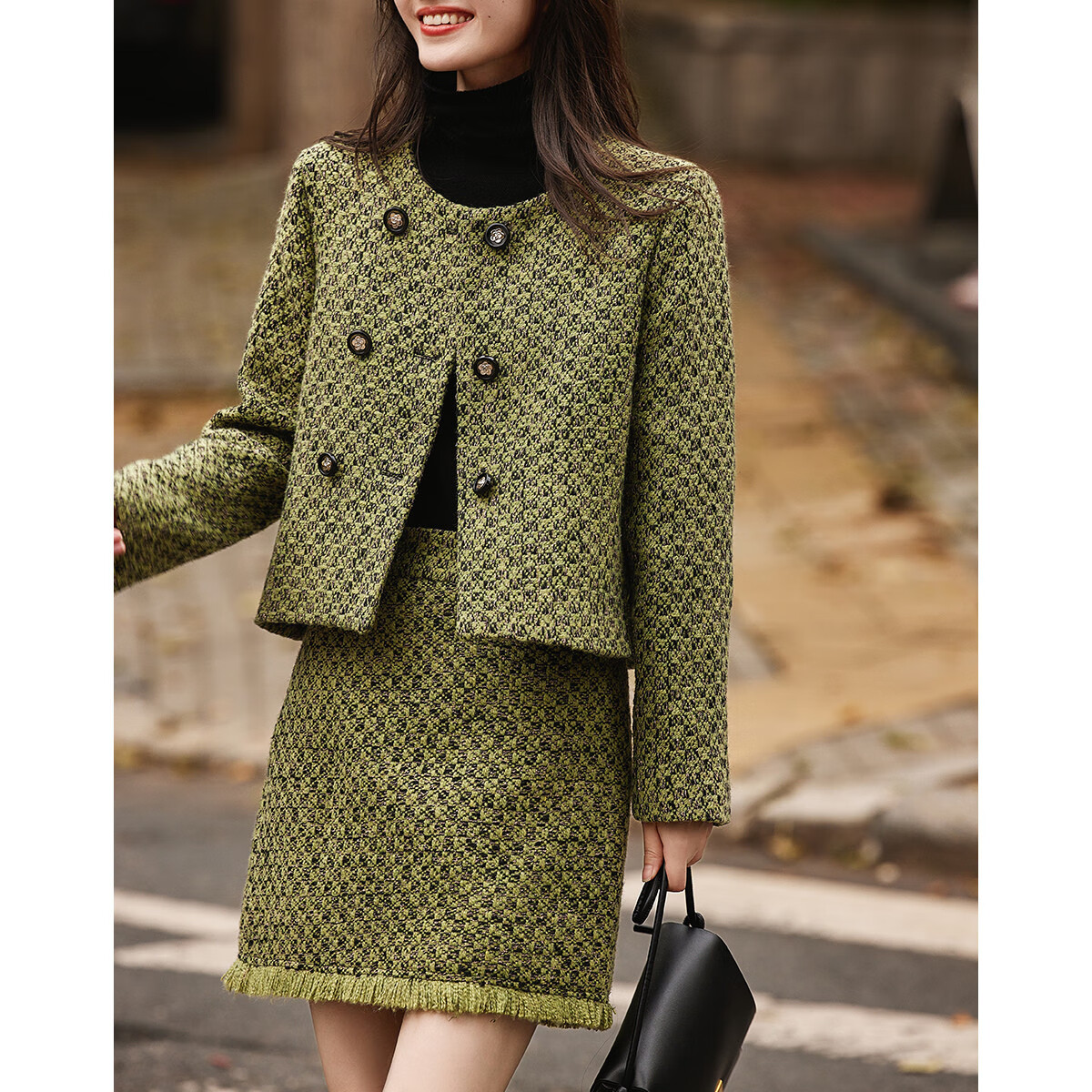 DME Elegant Chanel Style Winter Round Neck Button Long Sleeve Top High Waist Ski...