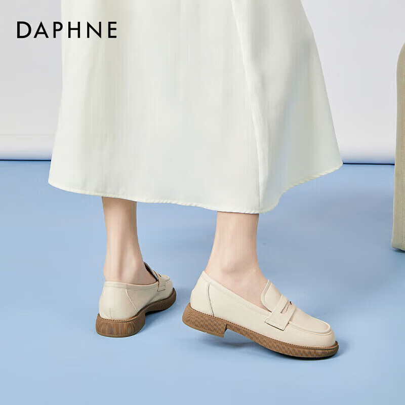 DAPHNE Women's Cowhide Loafers Flat Loafers Slip-on Shoes 422104579 Beige Size 3...
