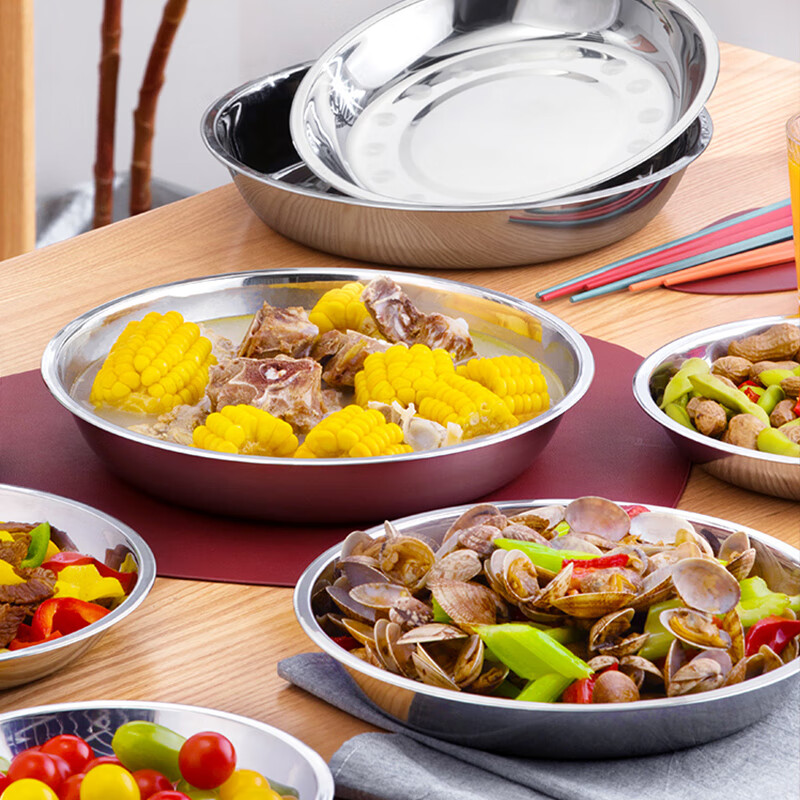 CHAHUA Premium Stainless Steel Plate, Thickened Round Dish, Household Serving Pl...