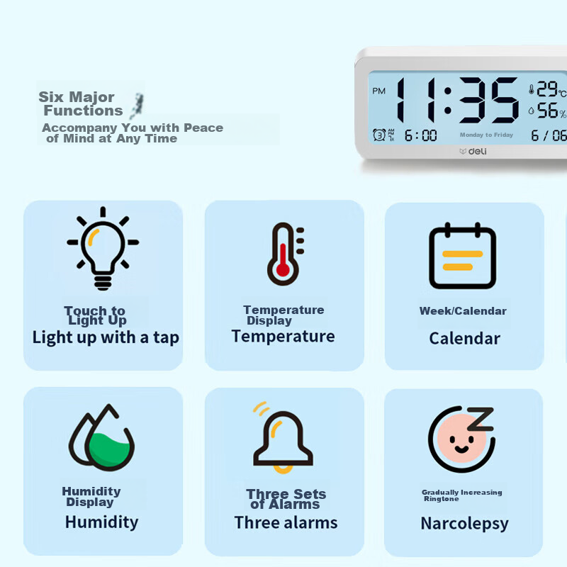 Deli Multifunctional Alarm Clock, Electronic Clock, Simple Student Style, Backli...