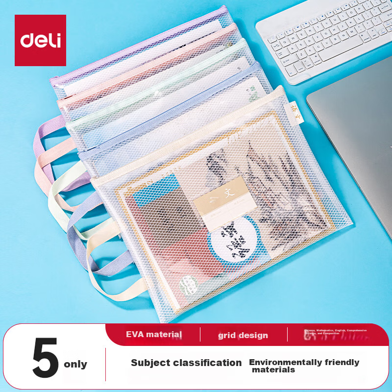 Deli A4 Transparent Grid Zipper Bag with Handle, File Folder, First Grade Studen...