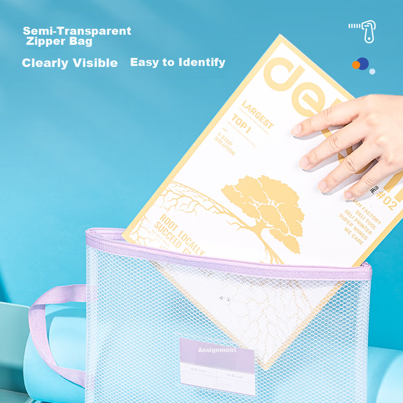 Deli A4 Transparent Grid Zipper Bag with Handle, File Folder, First Grade Studen...