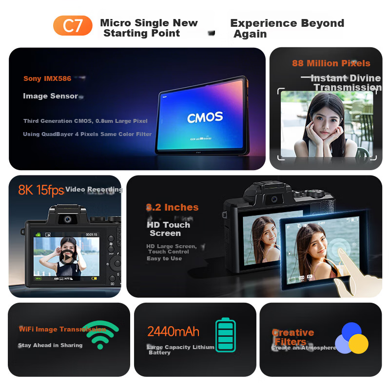 CAIZU 48MP Dual Camera 8K Entry-Level Vlog Mirrorless Camera with 1/2 Inch Senso...