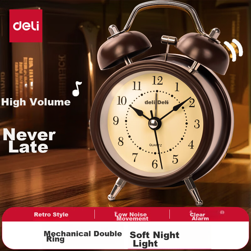 Deli Mini Retro Mechanical Alarm Clock with Night Light, Bedside Alarm for Child...