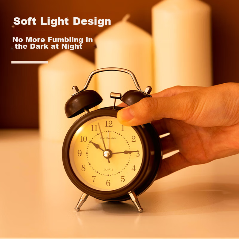 Deli Mini Retro Mechanical Alarm Clock with Night Light, Bedside Alarm for Child...