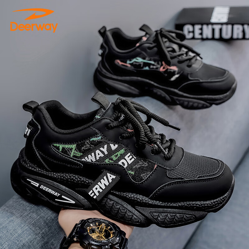 DEERWAY Men's Dad Shoes 2025 Spring/Summer Low-top Black Sneakers