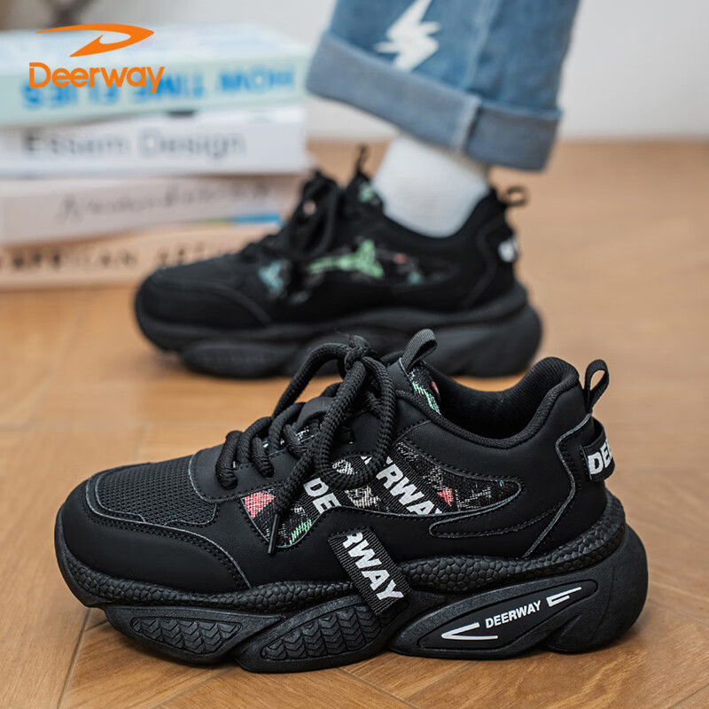 DEERWAY Men's Dad Shoes 2025 Spring/Summer Low-top Black Sneakers