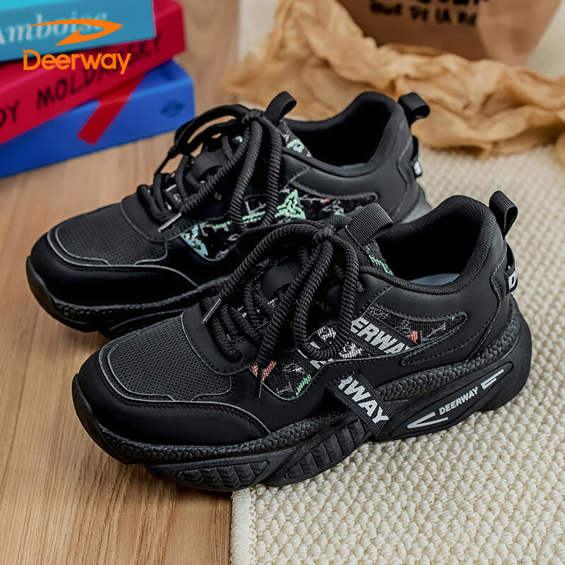 DEERWAY Men's Dad Shoes 2025 Spring/Summer Low-top Black Sneakers