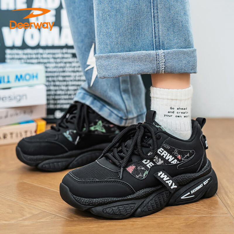 DEERWAY Men's Dad Shoes 2025 Spring/Summer Low-top Black Sneakers