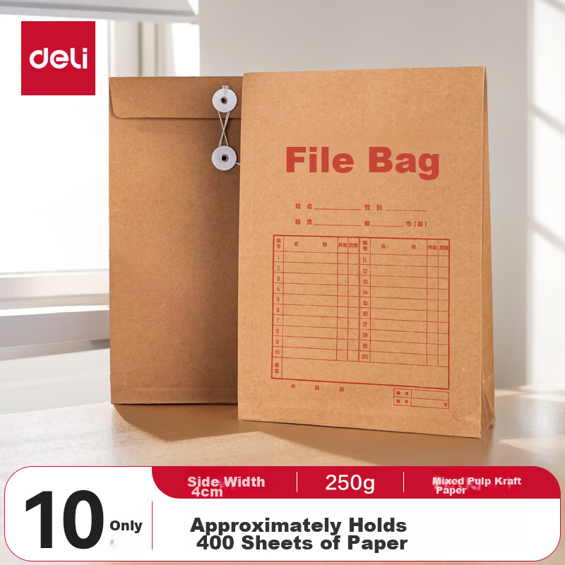 Deli 10 Pcs/A4 Mixed Pulp 250g Kraft Paper File Folders Gift Bags, 4cm Side Widt...