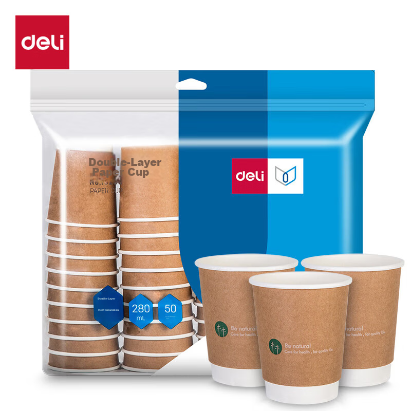 Deli 280ml Paper Cups, Disposable Cups/water Cups, Kraft Paper Double-Layer Thic...