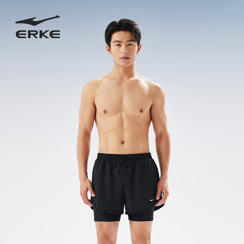 ERKE Men's Swim Trunks, Double-Layer Anti-Embarrassment, Loose-Fitting, Quick-Dr...